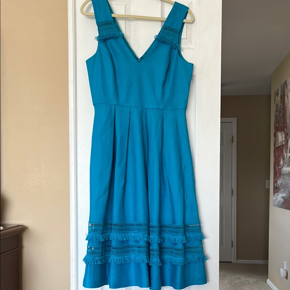 Badgley Mischka Teal Lace Trim Midi Dress sz 10